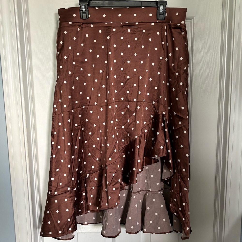 Polka Dot Brown Ruffled Midi Skirt